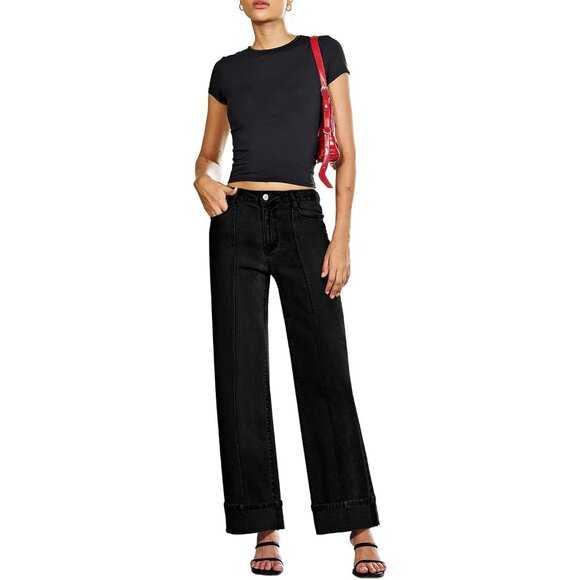 Women's Wide Leg Cuffed High Waisted Stretchy Denim Jeans with Pockets - Picture 5 of 6